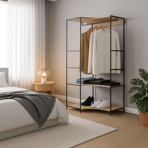 Lofi Closet de canto aberto com 2 prateleiras e bar em carvalho cambriano e preto 80x175x80 cm