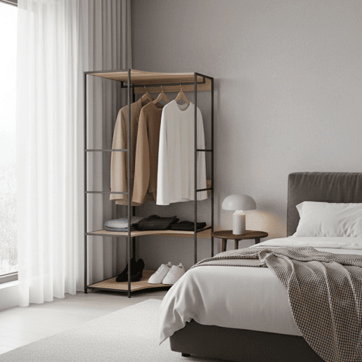 Lofi Closet de canto aberto com 2 prateleiras e bar em carvalho cambriano e preto 80x175x80 cm