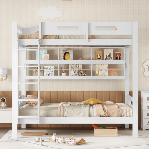Cama alta infantil 90x200 - Com grade de segurança, prateleira aberta, escada de cinco degraus, amplo espaço de armazenamento - Branco
