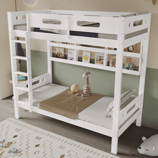 Cama alta infantil 90x200 - Com grade de segurança, prateleira aberta, escada de cinco degraus, amplo espaço de armazenamento - Branco