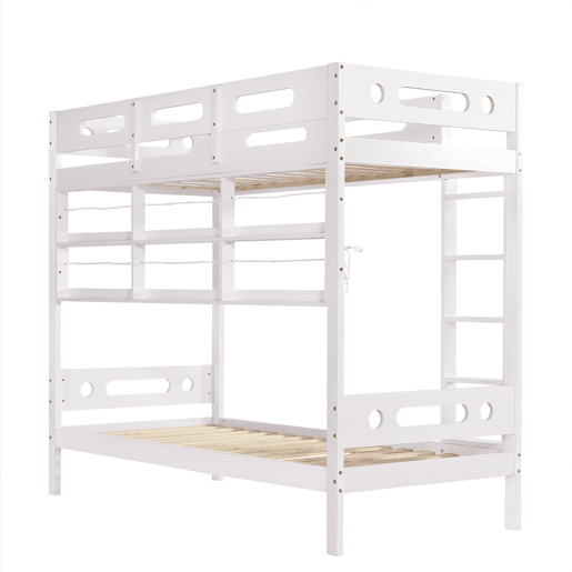 Cama alta infantil 90x200 - Com grade de segurança, prateleira aberta, escada de cinco degraus, amplo espaço de armazenamento - Branco