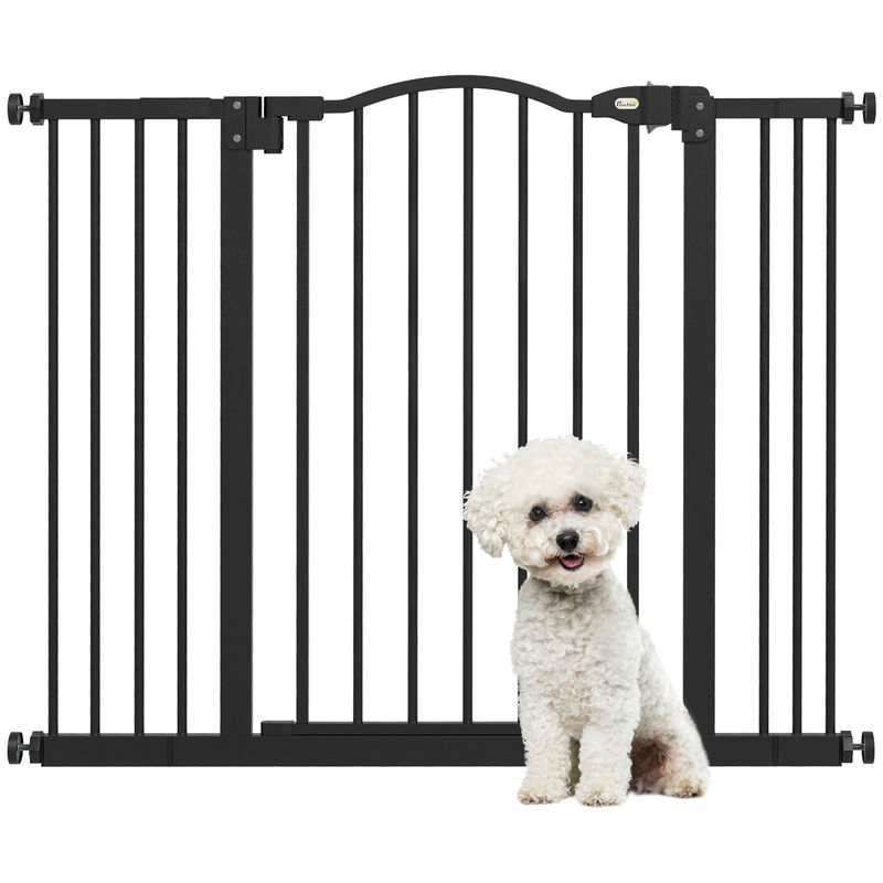 Pawhut barrera de seguridad para perros extensible 74-100 cm, para puertas y escaleras, barrera para perros con 2 extensiones 7/14 cm, montaje a presión y doble bloqueo, negro