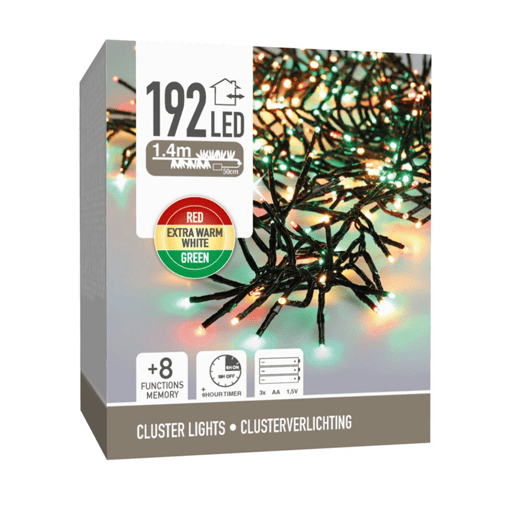 Well Home 192 Luzes de LED, Vermelho, Verde e Branco Quente, com 8 Funções e Temporizador - 1,4 Metros