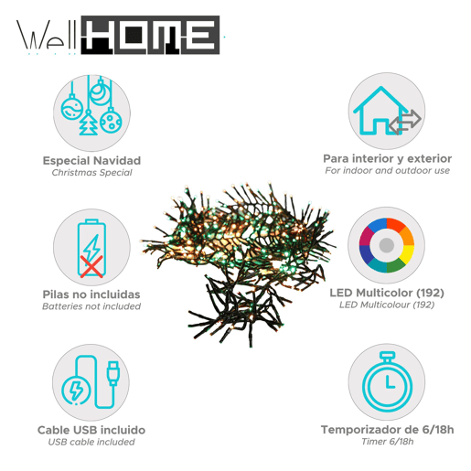 Well Home 192 Luzes de LED, Vermelho, Verde e Branco Quente, com 8 Funções e Temporizador - 1,4 Metros