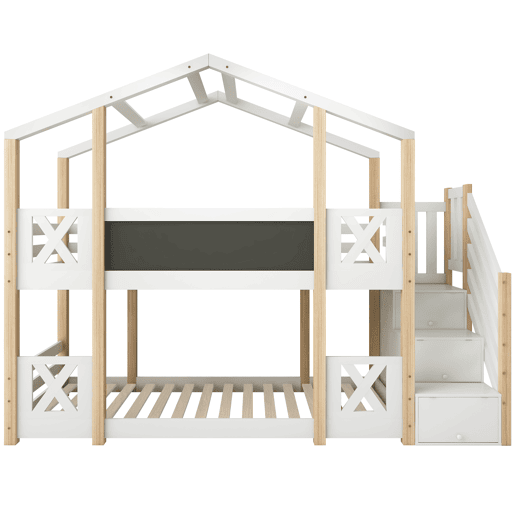 Cama beliche 90x200 cm - Cama infantil Baumhaus com escada, arrumação e proteção contra quedas - Natural e Branco