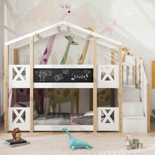 Cama beliche 90x200 cm - Cama infantil Baumhaus com escada, arrumação e proteção contra quedas - Natural e Branco