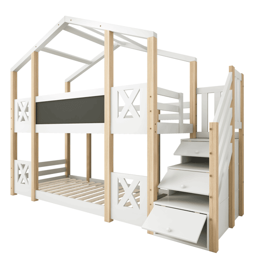 Cama beliche 90x200 cm - Cama infantil Baumhaus com escada, arrumação e proteção contra quedas - Natural e Branco
