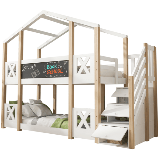 Cama beliche 90x200 cm - Cama infantil Baumhaus com escada, arrumação e proteção contra quedas - Natural e Branco