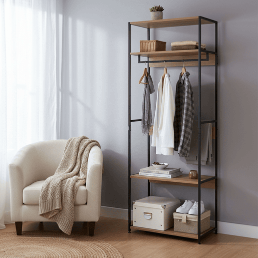 Lofi Bedroom Closet Aberto com 3 Prateleiras e Cabide em Carvalho Cambriano e Preto 60x175x40 cm