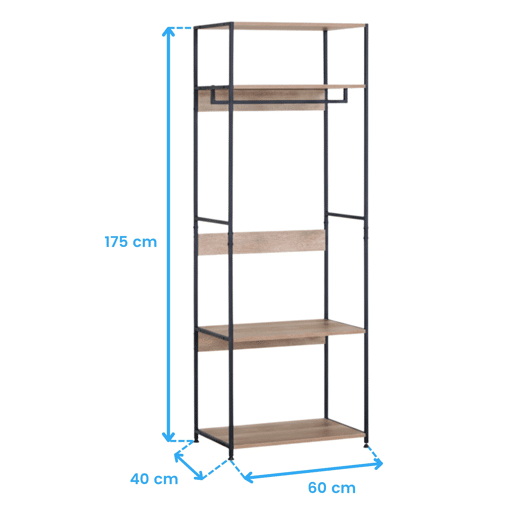 Lofi Bedroom Closet Aberto com 3 Prateleiras e Cabide em Carvalho Cambriano e Preto 60x175x40 cm