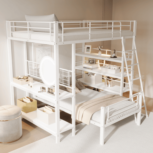 Cama beliche em metal 140*200 cm - Cama multifuncional com vários compartimentos - Branco