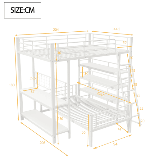 Cama beliche em metal 140*200 cm - Cama multifuncional com vários compartimentos - Branco