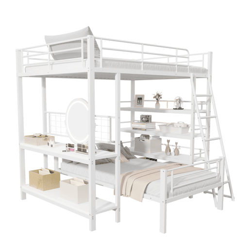 Cama beliche em metal 140*200 cm - Cama multifuncional com vários compartimentos - Branco
