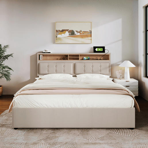 Cama estofada 140x200 cm - Com porta USB C e cabeceira - Bege Cama estofada 140x200 cm - Com porta USB C e cabeceira - Bege