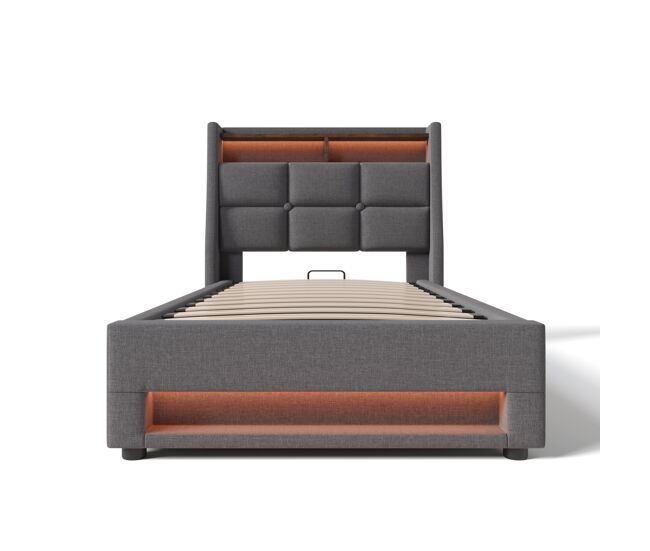 Cama tapizada con usb 90x200cm - cama individual led con somier de metal, estructura de lino - gris
