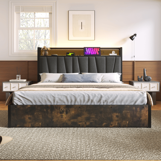 Cama metálica 160x200cm - Com função de carregamento USB, cabeceira com arrumação, iluminação LED - Cinza