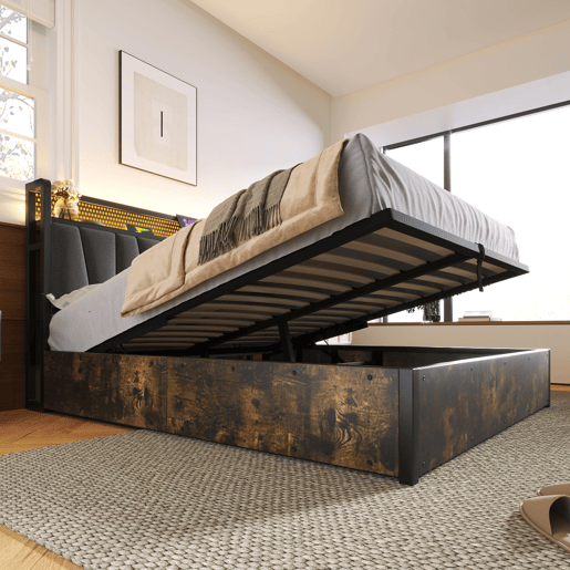 Cama metálica 160x200cm - Com função de carregamento USB, cabeceira com arrumação, iluminação LED - Cinza