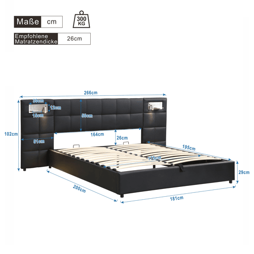 Cama estofada 180x200 cm - hidráulica, com porta USB, carregamento sem fios, lâmpada LED e arrumação - Preto