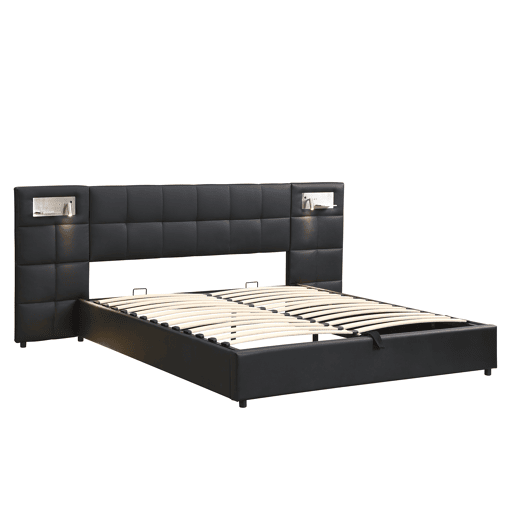 Cama estofada 180x200 cm - hidráulica, com porta USB, carregamento sem fios, lâmpada LED e arrumação - Preto
