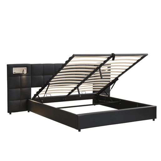 Cama estofada 180x200 cm - hidráulica, com porta USB, carregamento sem fios, lâmpada LED e arrumação - Preto