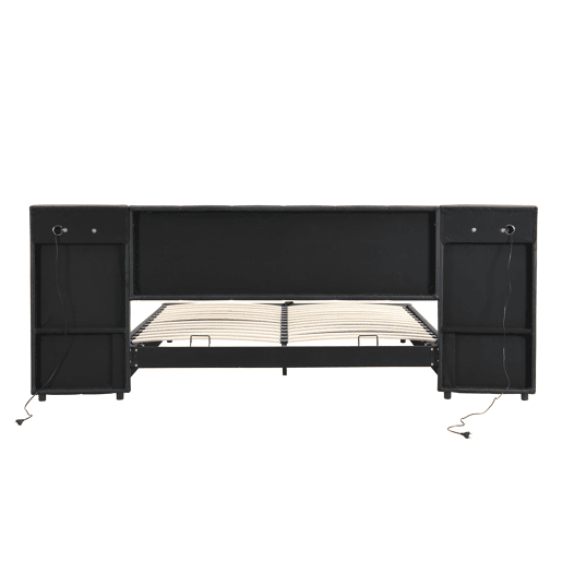 Cama estofada 180x200 cm - hidráulica, com porta USB, carregamento sem fios, lâmpada LED e arrumação - Preto