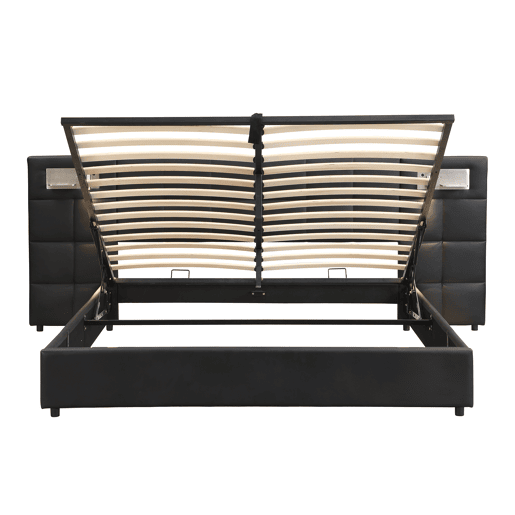 Cama estofada 180x200 cm - hidráulica, com porta USB, carregamento sem fios, lâmpada LED e arrumação - Preto