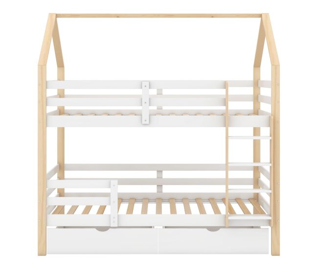 Cama infantil 90x200 - cama en forma de casa con grandes cajones, doble, sin colchón - blanco+madera