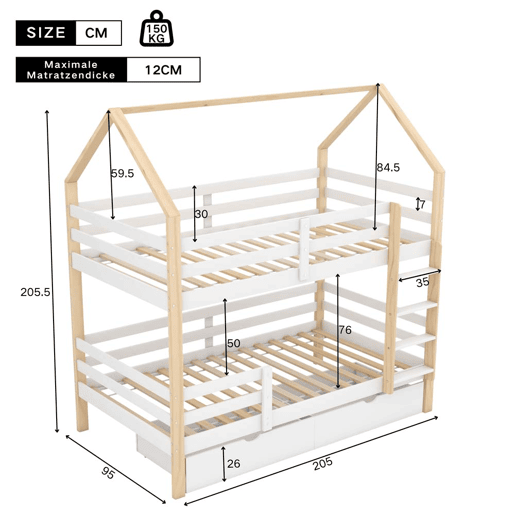 Cama infantil 90x200 - cama em forma de casa com gavetas grandes, dupla, sem colchão - branco+madeira
