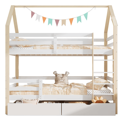 Cama infantil 90x200 - cama em forma de casa com gavetas grandes, dupla, sem colchão - branco+madeira