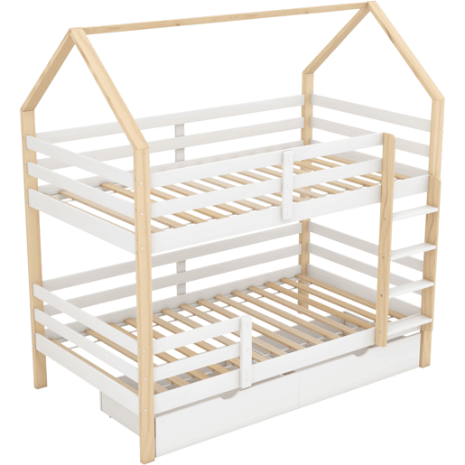 Cama infantil 90x200 - cama em forma de casa com gavetas grandes, dupla, sem colchão - branco+madeira