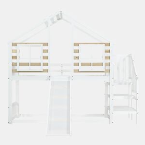 Beliche 90x200 cm - Cama de madeira com escada e corrimão, com escorregador e janela - Branca