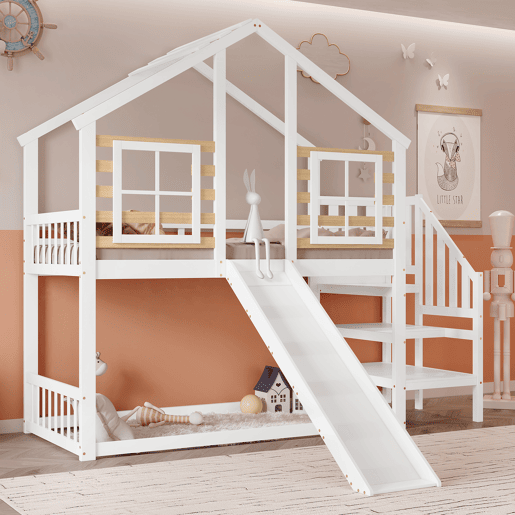 Beliche 90x200 cm - Cama de madeira com escada e corrimão, com escorregador e janela - Branca Beliche 90x200 cm - Cama de madeira com escada e corrimão, com escorregador e janela - Branca