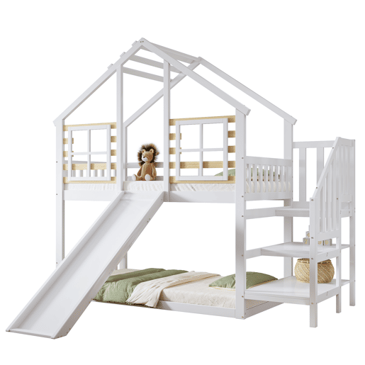 Beliche 90x200 cm - Cama de madeira com escada e corrimão, com escorregador e janela - Branca Beliche 90x200 cm - Cama de madeira com escada e corrimão, com escorregador e janela - Branca