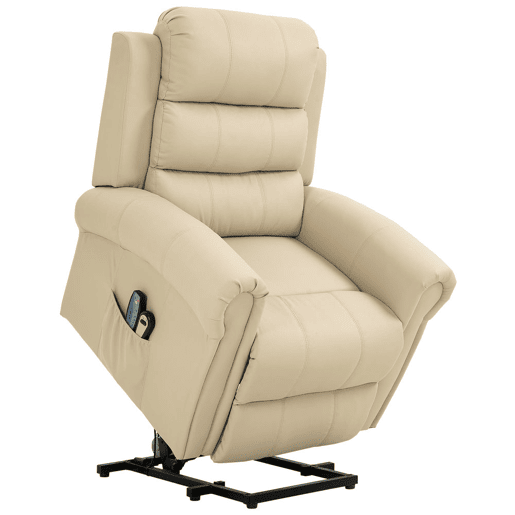 HOMCOM Poltrona Relax Reclinável Elétrica Levanta Pessoas com Massagem Vibratória e Aquecimento Poltrona Elevatória com Controlo Remoto Apoio para Pés Estofada em PU Bolsos Laterais 98x96x105 cm Creme