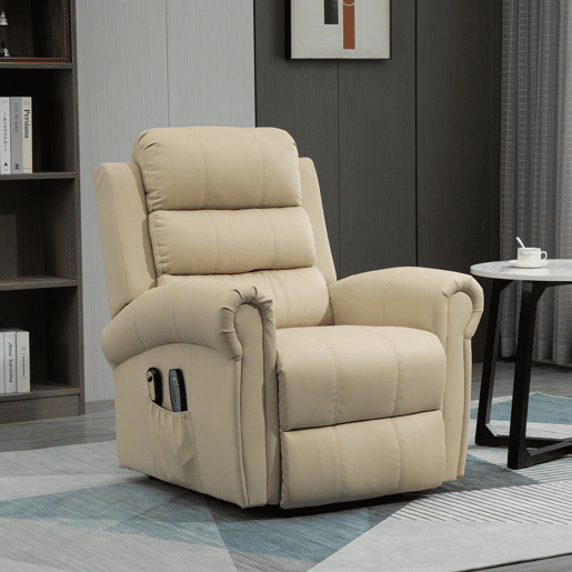 HOMCOM Poltrona Relax Reclinável Elétrica Levanta Pessoas com Massagem Vibratória e Aquecimento Poltrona Elevatória com Controlo Remoto Apoio para Pés Estofada em PU Bolsos Laterais 98x96x105 cm Creme