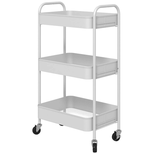 HOMCOM Carrinho Auxiliar de 3 Níveis com Rodas Carrinho de Armazenamento Deslizante com 3 Prateleiras 4 Rodas e 2 Travões para Cozinha Sala 45x30,6x79 cm Branco