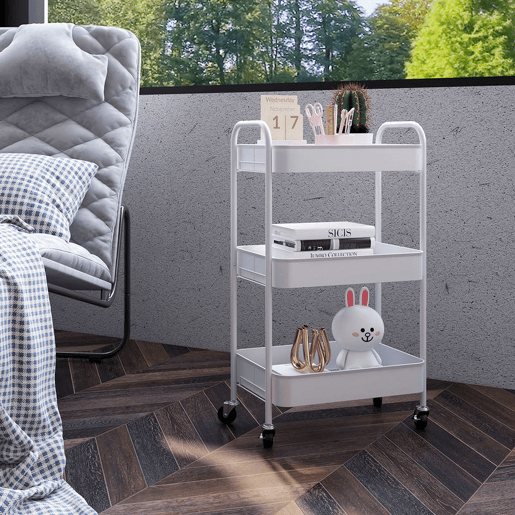 HOMCOM Carrinho Auxiliar de 3 Níveis com Rodas Carrinho de Armazenamento Deslizante com 3 Prateleiras 4 Rodas e 2 Travões para Cozinha Sala 45x30,6x79 cm Branco