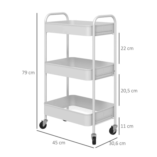 HOMCOM Carrinho Auxiliar de 3 Níveis com Rodas Carrinho de Armazenamento Deslizante com 3 Prateleiras 4 Rodas e 2 Travões para Cozinha Sala 45x30,6x79 cm Branco