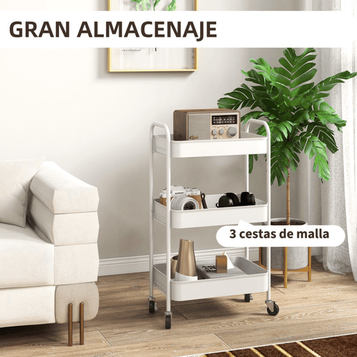 HOMCOM Carrinho Auxiliar de 3 Níveis com Rodas Carrinho de Armazenamento Deslizante com 3 Prateleiras 4 Rodas e 2 Travões para Cozinha Sala 45x30,6x79 cm Branco