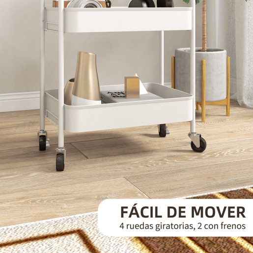 HOMCOM Carrinho Auxiliar de 3 Níveis com Rodas Carrinho de Armazenamento Deslizante com 3 Prateleiras 4 Rodas e 2 Travões para Cozinha Sala 45x30,6x79 cm Branco