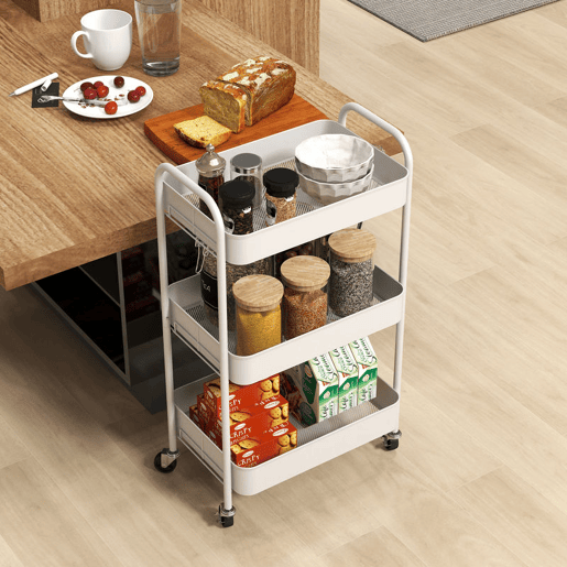 HOMCOM Carrinho Auxiliar de 3 Níveis com Rodas Carrinho de Armazenamento Deslizante com 3 Prateleiras 4 Rodas e 2 Travões para Cozinha Sala 45x30,6x79 cm Branco