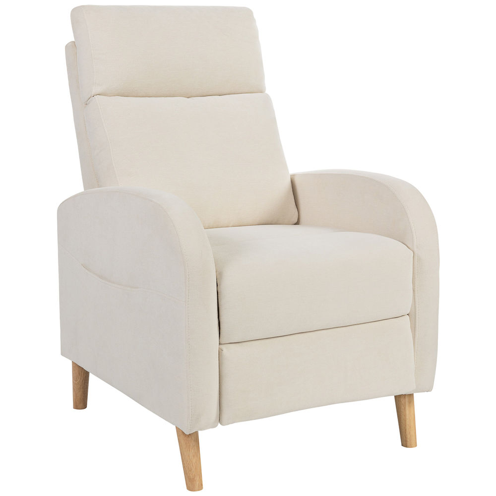 Homcom sillón relax reclinable manual sillón relax tapizado en lino sintético con reposapiés y bolsillo lateral carga 135 kg sillón reclinable para dormitorio oficina crema