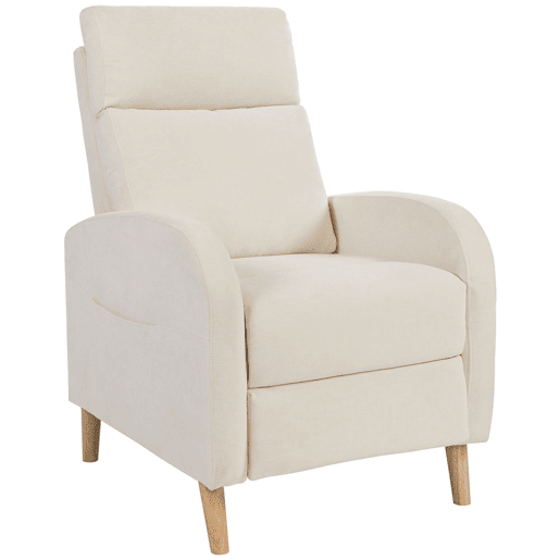 HOMCOM Poltrona Relax Reclinável Manual Poltrona Relax Estofada em Linho Sintético com Apoio para os Pés e Bolso Lateral Poltrona Reclinável para Dormitório Escritório Carga 120 kg 68x90x106 cm Creme
