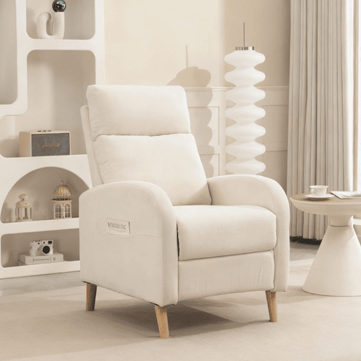 HOMCOM Poltrona Relax Reclinável Manual Poltrona Relax Estofada em Linho Sintético com Apoio para os Pés e Bolso Lateral Poltrona Reclinável para Dormitório Escritório Carga 120 kg 68x90x106 cm Creme