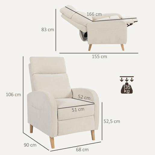 HOMCOM Poltrona Relax Reclinável Manual Poltrona Relax Estofada em Linho Sintético com Apoio para os Pés e Bolso Lateral Poltrona Reclinável para Dormitório Escritório Carga 120 kg 68x90x106 cm Creme