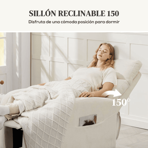 HOMCOM Poltrona Relax Reclinável Manual Poltrona Relax Estofada em Linho Sintético com Apoio para os Pés e Bolso Lateral Poltrona Reclinável para Dormitório Escritório Carga 120 kg 68x90x106 cm Creme