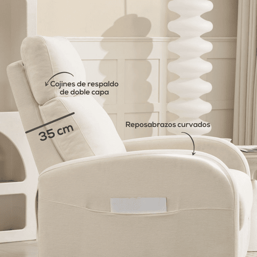HOMCOM Poltrona Relax Reclinável Manual Poltrona Relax Estofada em Linho Sintético com Apoio para os Pés e Bolso Lateral Poltrona Reclinável para Dormitório Escritório Carga 120 kg 68x90x106 cm Creme