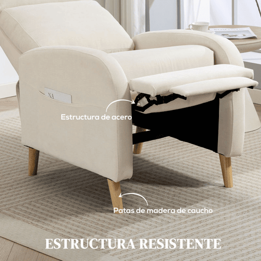 HOMCOM Poltrona Relax Reclinável Manual Poltrona Relax Estofada em Linho Sintético com Apoio para os Pés e Bolso Lateral Poltrona Reclinável para Dormitório Escritório Carga 120 kg 68x90x106 cm Creme