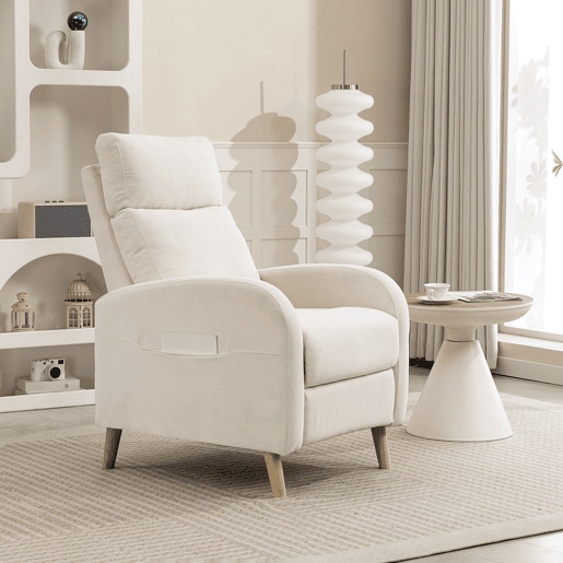 HOMCOM Poltrona Relax Reclinável Manual Poltrona Relax Estofada em Linho Sintético com Apoio para os Pés e Bolso Lateral Poltrona Reclinável para Dormitório Escritório Carga 120 kg 68x90x106 cm Creme
