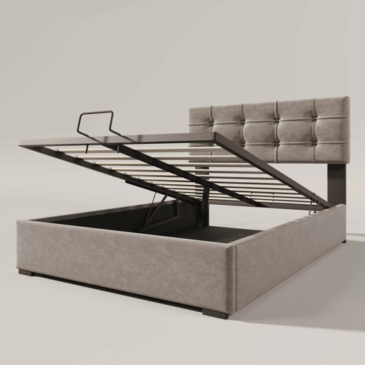 Cama individual 90x200 cm - Polsterbett com cabeceira ajustável, estrutura metálica com estrado e arrumação - Cinza claro